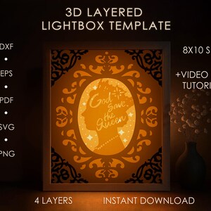 Modello SVG per scatola ombra della regina inglese, God Save the Queen Papercut Lightbox cricut SVG, scatola luminosa tagliata su carta a strati 3D DXF Papercraft