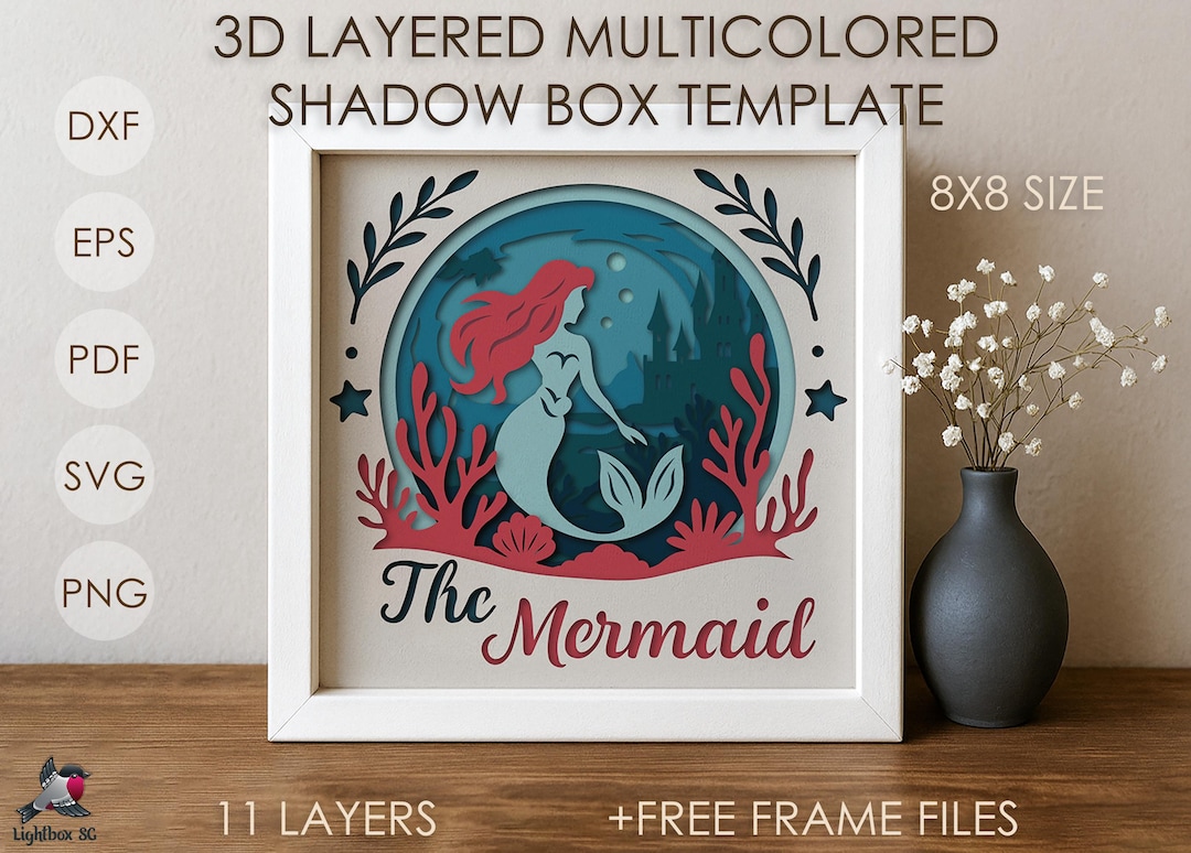 Little Mermaid Shadow Box SVG Template, Fairytale Sea Colored Papercut ...