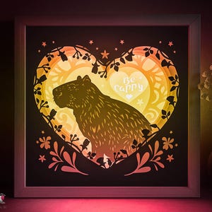 Capybara Schattenbox SVG-Vorlage, Tier Papierschnitt Lightbox Cricut SVG, 3D-Schichtung Herz Blumen Muster Papierschnitt Lightbox DXF Papercraft