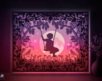 Girl on Swing Shadow box SVG Template, Little Child Papercut Lightbox cricut SVG, 3D layered Garden Paper cut Light box DXF Papercraft