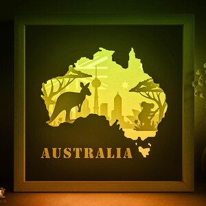 Modello SVG per scatola ombra mappa Australia, Lightbox cartacea Kangaroo Cricut SVG, Lightbox cartacea Sidney a strati 3D DXF Papercraft