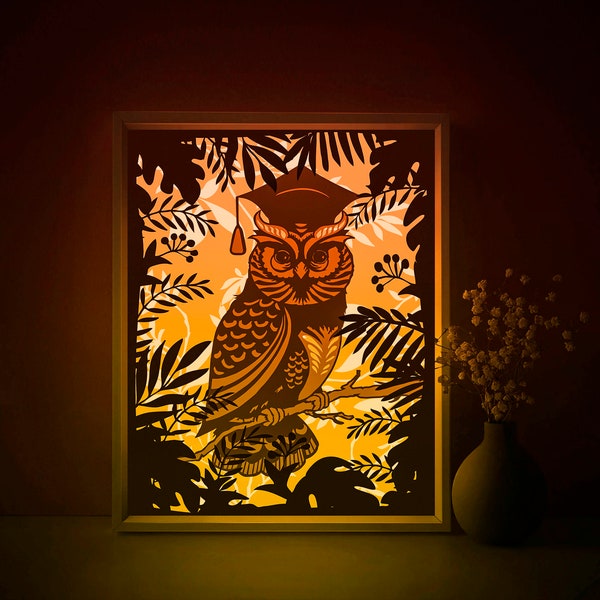 Owl Teacher Shadow box SVG Template, Bird Papercut Lightbox cricut SVG, 3D layered leaves Paper cut Light box DXF Papercraft