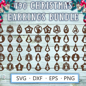 Laser cut earrings template SVG DXF for Cricut, Glowforge, Silhouette – 490 wood craft Christmas designs featuring Santa’s reindeer, snowmen, Christmas ornaments, gift boxes, and jingle bells for plywood earrings
