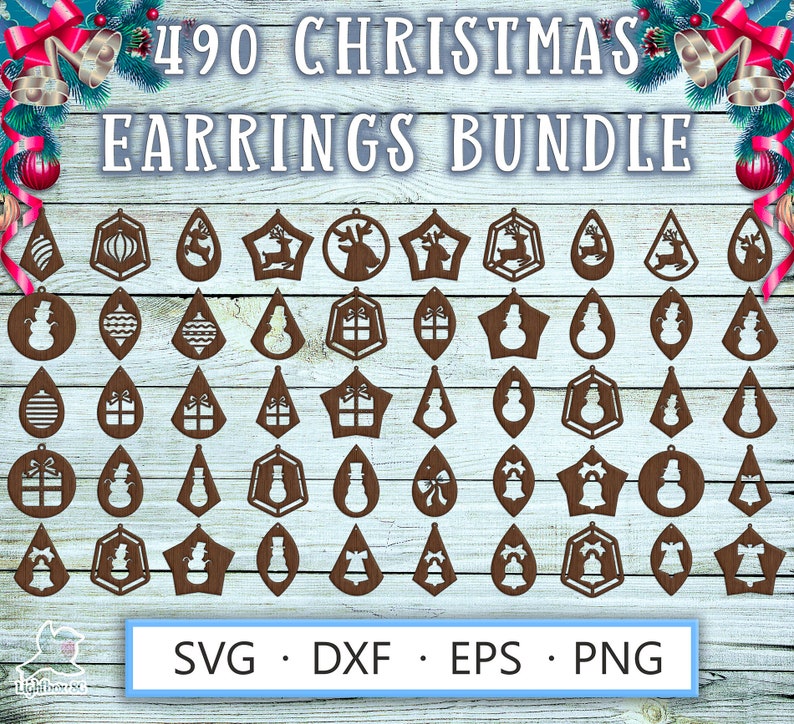 Laser cut earrings template SVG DXF for Cricut, Glowforge, Silhouette – 490 wood craft Christmas designs featuring Santa’s reindeer, snowmen, Christmas ornaments, gift boxes, and jingle bells for plywood earrings