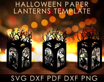 3 Halloween-lyktor mallar, skräckscen pappersklipp diy lykta papperspyssel, halloween dekor ljus mall cricut svg eps dxf art
