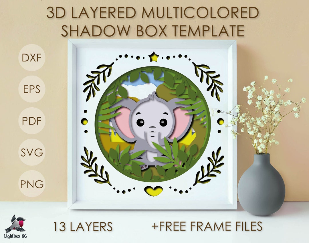 African Elephant Baby Shadow Box SVG Template, Colored Papercut Shadow ...