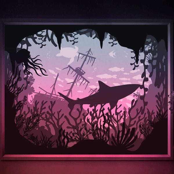 Shark fish Shadow box SVG Template, Ocean bottom Papercut Lightbox cricut SVG, 3D layered Paper cut Light box DXF Papercraft