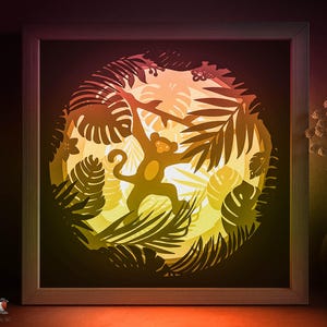 Jungle Monkey Shadow box SVG Template, Tropical Palm leaves Papercut Lightbox cricut SVG, 3D layered Paper cut Light box DXF Papercraft