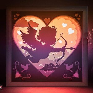 Modello SVG per scatola ombra Cupido Angelo, Lightbox di San Valentino Papercut Cricut SVG, Lightbox di carta tagliata a strati 3D Cuore Amore DXF Papercraft