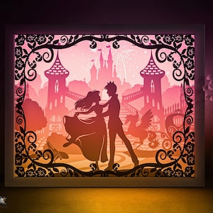 Aschenputtel Schattenbox SVG-Vorlage, Prinzessin Prinz Papierschnitt Lightbox Cricut SVG, 3D-Schicht Märchen Liebe Papierschnitt Lightbox DXF Papercraft