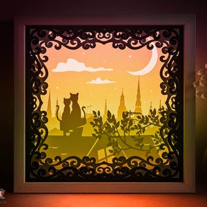 Chats sur le toit conte de fées modèle SVG, amour chats Papercut Lightbox cricut SVG, 3D en couches papier découpé Lightbox DXF Papercraft