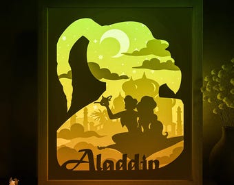 Aladdin arabisk saga skugglåda SVG-mall, pappersklippt ljuslåda Cricut SVG, 3D-lagers pappersklippt ljuslåda DXF papperspyssel