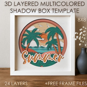 3D-sommarskuggbox SVG-mall, färgad havspappersklippning palmer strand Cricut SVG, 3D-lagerpappersklippning kartong papperspyssel kartong DXF