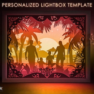 Personalisierte Familien Porträt Schattenbox SVG, benutzerdefinierte Schilder Papierschnitt Lightbox Cricut Vorlage, 3D-Schicht Palm Beach Papierschnitt Lightbox-Datei