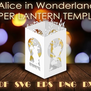 Modèles de lanterne en papier Alice au pays des merveilles, papier de conte de fées découpé bricolage lanterne papercraft, modèle de bougies de décoration cricut svg eps dxf art