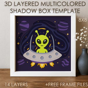 Alien Shadow box SVG Template, Ufo spaceship Colored Papercut Shadow box cricut file, 3D layered Papercraft Card box Cartoon Sci-Fi DXF PNG