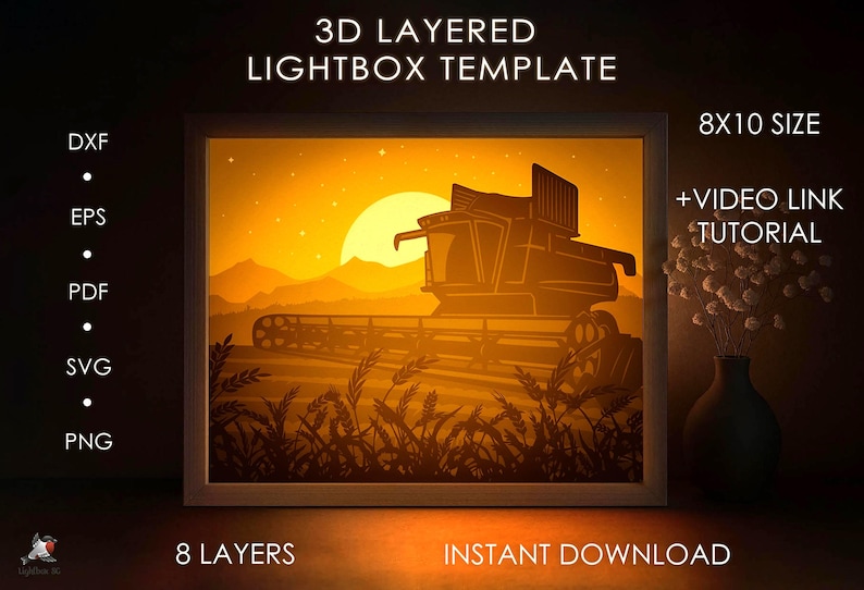 Wheat Field Shadow Box SVG Template, Farm Combine Papercut Lightbox ...