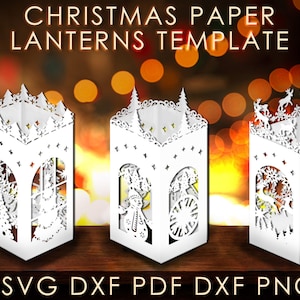 メリークリスマスランタンテンプレート、ハッピーニューイヤーペーパーカットDIYランタンペーパークラフト、クリスマスキャンドルテンプレート、クリカットSVG EPS DXFアート