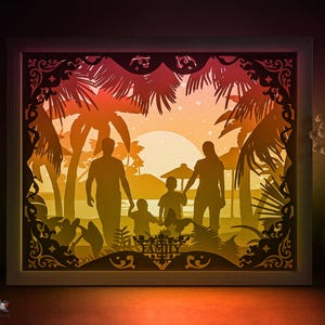 Modello SVG per scatola ombreggiata con ritratto di famiglia, modello SVG per scatola luminosa in carta tagliata Palm Beach, modello DXF per scatola luminosa in carta tagliata a strati 3D.