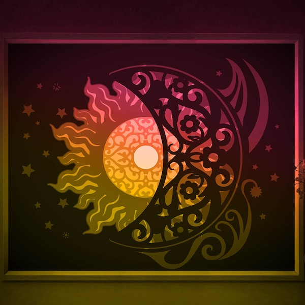 Moon and Sun Shadow box SVG Template, Stars Pattern Papercut Lightbox cricut SVG, 3D layered Paper cut Light box DXF Papercraft Moon and Sun Shadow box SVG Template, Stars Pattern Papercut Lightbox cricut SVG, 3D layered Paper cut Light box DXF Papercraft