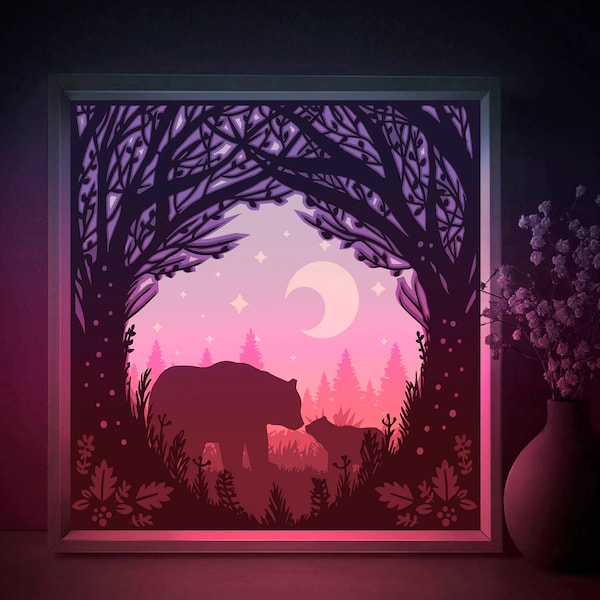 Bear Mom Shadow box SVG Template, Mothers day Papercut Lightbox cricut SVG, 3D layered Forest Pattern Paper cut Light box DXF Papercraft