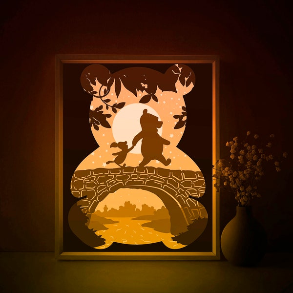 Modèle SVG Winnie Fairytale Shadow box, ami porcelet Papercut Lightbox cricut SVG, 3D en couches papier découpé Lightbox DXF Papercraft
