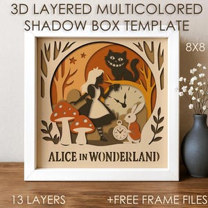 Könnte beinhalten: 3D-Layered-Schattenbox-Vorlage mit dem Thema "Alice im Wunderland". Das Kunstwerk zeigt Alice, die Grinsekatze, ein Kaninchen, Pilze und eine Uhr. Das Design befindet sich in einem weißen Rahmen, mit dem Text "ALICE IN WONDERLAND" unten.