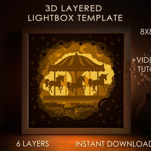 Unicorn Horse Carousel Shadow box SVG Template, Silhouette Papercut Lightbox cricut SVG, 3D layered Paper cut Light box DXF Papercraft