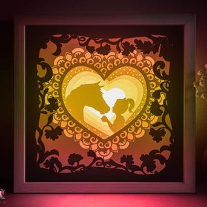 Herz Pferd Schattenbox SVG-Vorlage, Tier Freund Papierschnitt Lightbox Cricut SVG, 3D-Schichtung Mandala Papierschnitt Lightbox DXF Papercraft