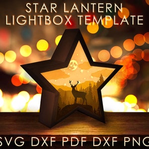 Lanterna a forma di stella con cervo nella foresta, modello SVG per scatola luminosa, modello Cricut per carta tagliata, modello DXF per scatola luminosa con taglio su carta a strati 3D e carta da pacchi.