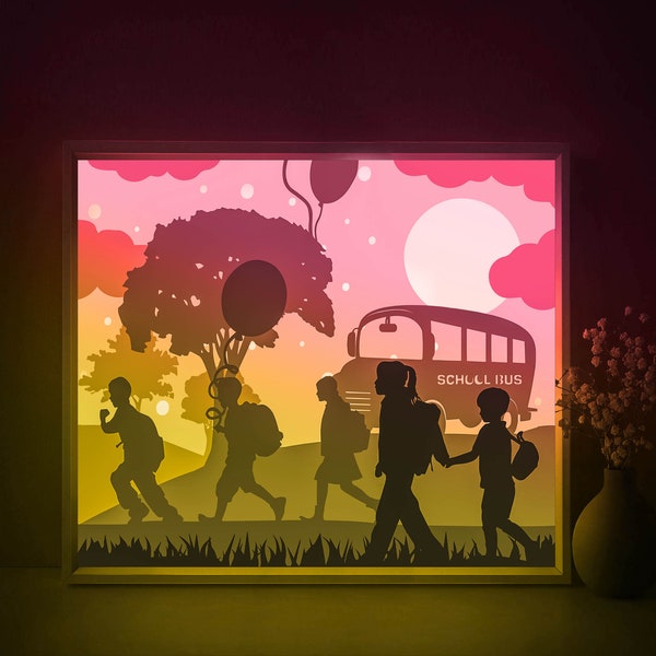 School Bus Shadow box SVG Template, Children Papercut Lightbox cricut SVG, 3D layer Autumn Fall Paper cut Light box DXF Papercraft