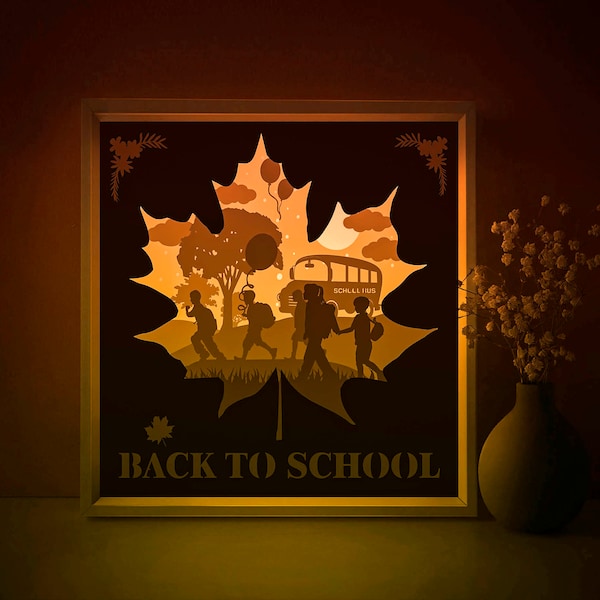 Back to School Shadow box SVG Template, Children Papercut Lightbox cricut SVG, 3D layer Autumn Maple Leaf Paper cut Light box DXF Papercraft