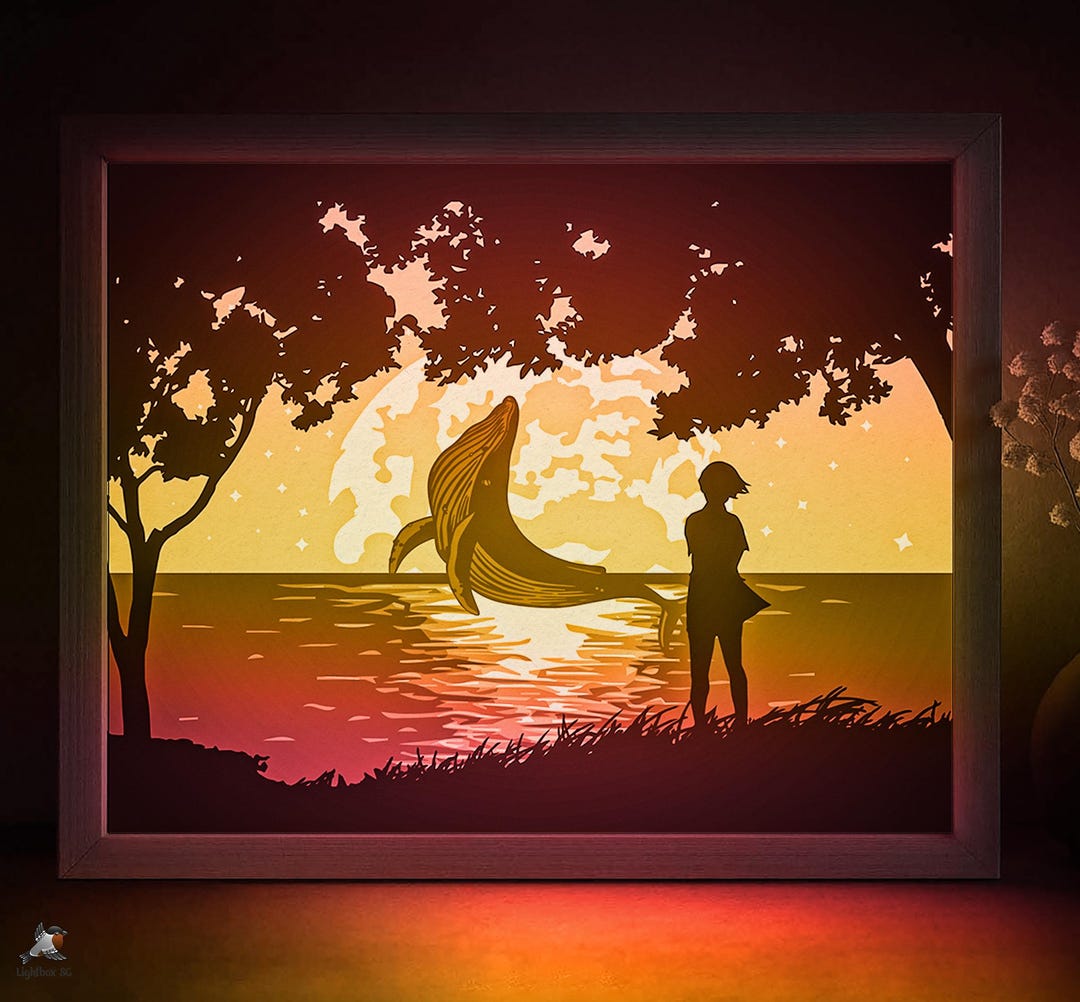 Flying Whale Fantasy Shadow Box SVG Template, Anime Ocean Papercut ...