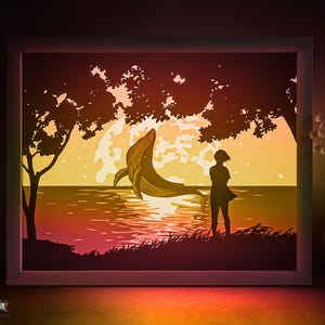 Flying Whale fantasy Shadow box SVG Template, Anime Ocean Papercut Lightbox cricut SVG, 3D layered Landscape Paper cut Light box Papercraft