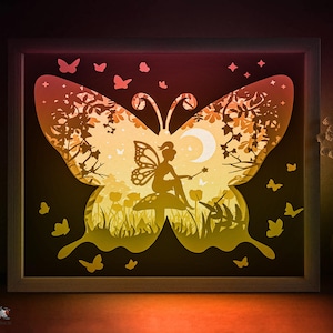 Modello SVG per scatola delle ombre delle fate, scatola luminosa in carta tagliata a farfalla, scatola luminosa in carta tagliata a strati 3D DXF Papercraft