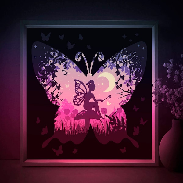 Fairy Shadow box SVG Template, Butterfly fairytale Papercut Lightbox cricut SVG, 3D layered Paper cut Light box DXF Papercraft