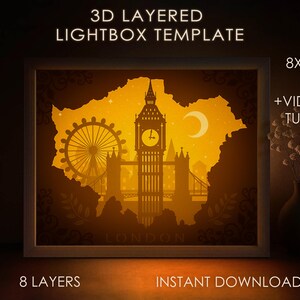 Carte Angleterre modèle SVG Shadow box, Big Ben Lightbox cricut SVG, papier découpé 3D London Eye boîte lumineuse DXF Papercraft
