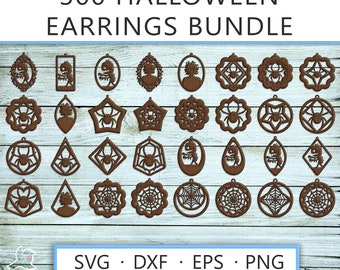 300 Stück Halloween Ohrringe SVG Bundle, Png DXF Eps Kreuz Hexe Zombie Fledermaus Vorlage Skelett Grab Teufel Schädel Silhouette Laser geschnitten Schmuck