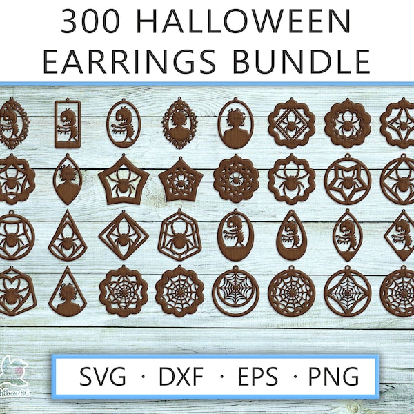 300 pcs Halloween earrings SVG bundle, Png DXF Eps cross witch zombie bat template, skeleton grave devil skull silhouette laser cut jewelry