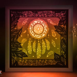 Acchiappasogni etnico Shadow box SVG Template, Silhouette con motivo a piume Papercut Lightbox Cricut SVG, Light box in carta tagliata a strati 3D DXF