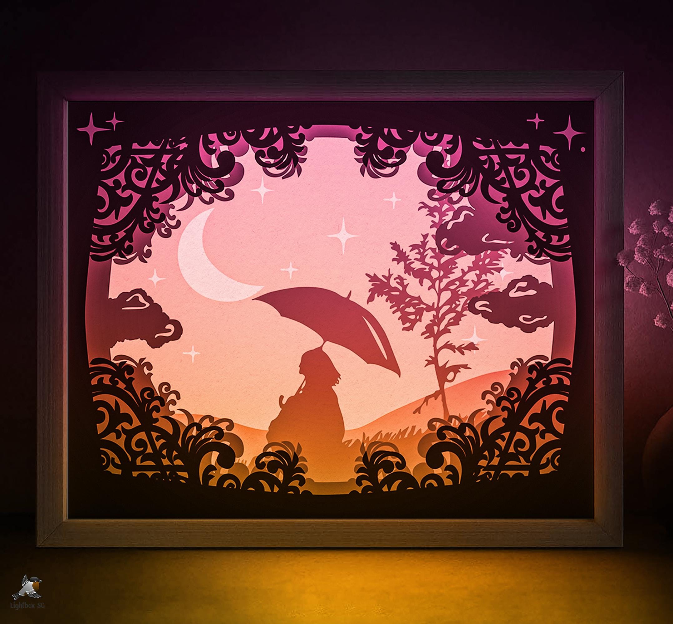 Night Sky Shadow Box SVG Template, Girl With Umbrella Papercut Lightbox ...