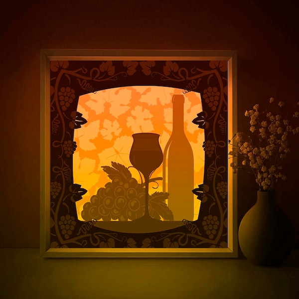 Wine still life Shadow box SVG Template, Wine grapes Papercut Lightbox cricut SVG, 3D layers Grape leaves Paper cut Light box DXF Papercraft