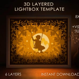 Dziewczyna na huśtawce Cień pudełko SVG Szablon, Małe dziecko Papierowa wycinanka Lightbox cricut SVG, 3D warstwowy Ogród Papierowa wycinanka Lightbox DXF Papercraft