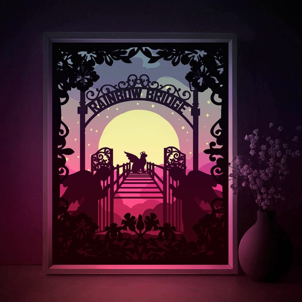 Rainbow Bridge Shadow box SVG Template, Cat Heaven Papercut Lightbox cricut SVG, 3D layer Angel Memorial Paper cut Light box DXF Papercraft Rainbow Bridge Shadow box SVG Template, Cat Heaven Papercut Lightbox cricut SVG, 3D layer Angel Memorial Paper cut Light box DXF Papercraft