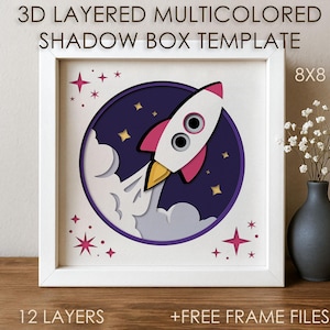 3D Space Rocket Shadow box SVG Template, Colored Spaceship Pattern Papercut Shadow box cricut SVG, 3D layered Paper cut Stars Card box DXF