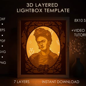 Modèle SVG Frida Kahlo Shadow box, artiste célèbre Papercut Lightbox cricut SVG, 3D en couches papier mexicain découpé Lightbox DXF Papercraft