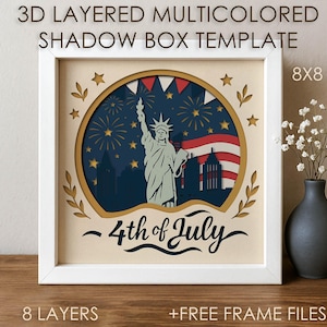 Caixa de Sombras SVG para o 4 de Julho, Modelo de Caixa de Luz para o Dia da Independência, Estátua da Liberdade 3D Cricut SVG, Decoração Patriótica, EUA Papercut DXF