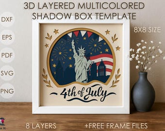 Caixa de Sombras SVG para o 4 de Julho, Modelo de Caixa de Luz para o Dia da Independência, Estátua da Liberdade 3D Cricut SVG, Decoração Patriótica, EUA Papercut DXF