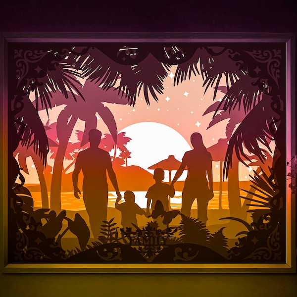 Family Portrait Shadow box SVG Template, Palm Beach Papercut Lightbox cricut SVG, 3D layered Paper cut Light box DXF Papercraft Family Portrait Shadow box SVG Template, Palm Beach Papercut Lightbox cricut SVG, 3D layered Paper cut Light box DXF Papercraft