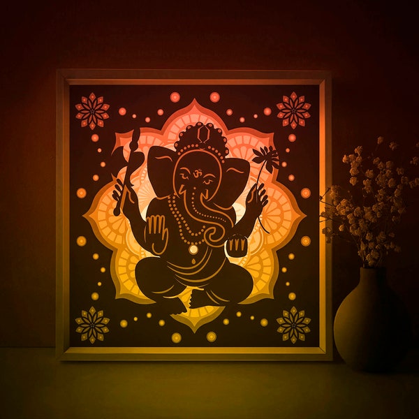 Ganesha God Shadow box SVG Template, Mandala Flower Papercut Lightbox cricut SVG, 3D layered Hindi Paper cut Light box DXF Papercraft